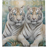 青淡い色の緑のジャングルに金の虎 シャワーカーテン (正面)