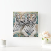 青淡い色の緑のジャングルに金の虎 スクエア壁時計 (ホーム)