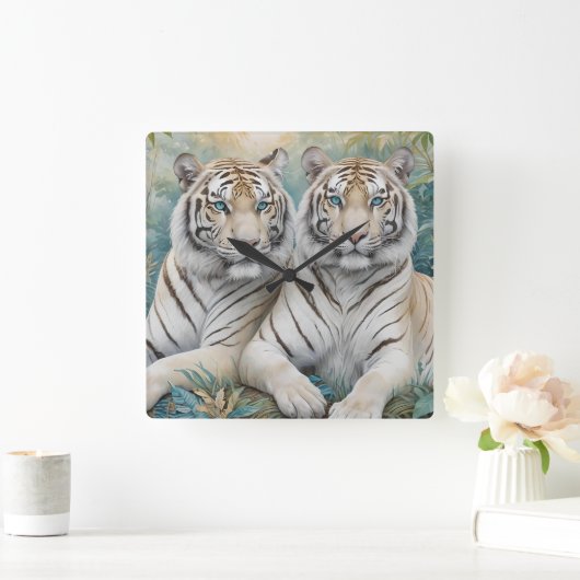 青淡い色の緑のジャングルに金の虎 スクエア壁時計 (ホーム)