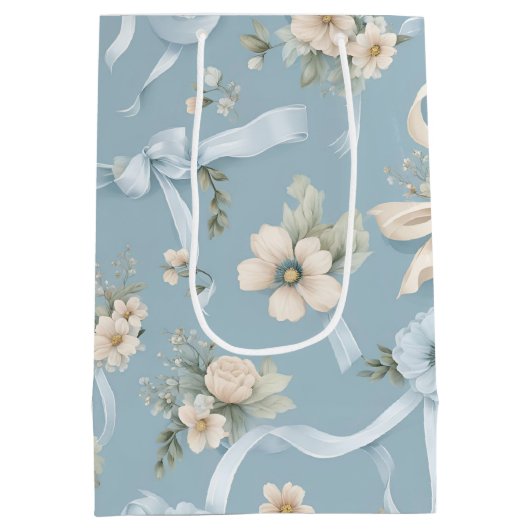 青淡い色の色と白の花と弓 ミディアムペーパーバッグ (裏面)