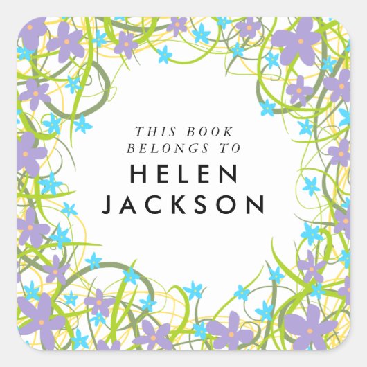 青淡い色の色と薄紫のフローラブック名ステッカー スクエアシール (正面)