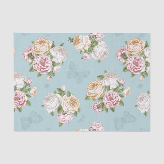 青淡い色の,ヴィンテージ,フローラ，蝶，ビクトリアンかわいい 薄葉紙 (正面)