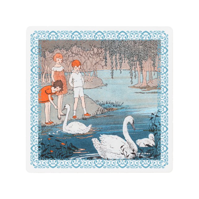 青湖食べ物を与えの白鳥たち メタルプリント (正面)