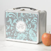 青灰色のヴィンテージ花柄モノグラムランチボックス メタルランチボックス (インサイチュ)