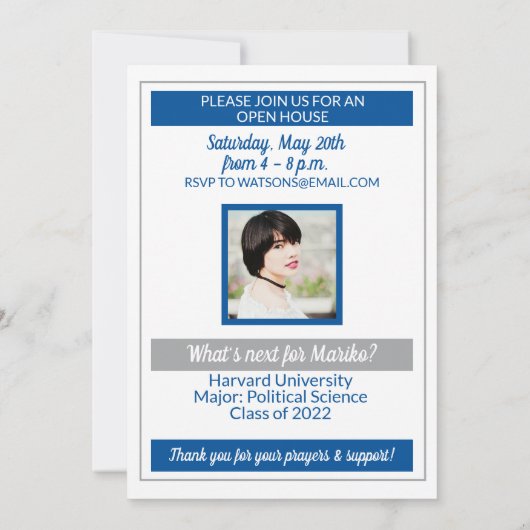 青灰色の学校の色と今の卒業 招待状 (裏面)