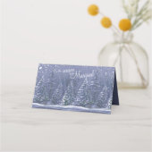 青灰色の白い冬の松結婚の木の護衛 プレイスカード (裏面)