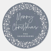 青灰色メリークリスマススクリプトラきらめくイト ラウンドシール (正面)