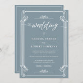 青灰色背景のシンプルな白いカリグラフィー 招待状 (正面/裏面)