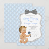 青灰色蝶ネクタイの男の子ベビーシャワー 招待状 (正面/裏面)
