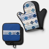 青灰色 幾何模様 鍋つかみ&鍋敷きセット (正面/裏面)