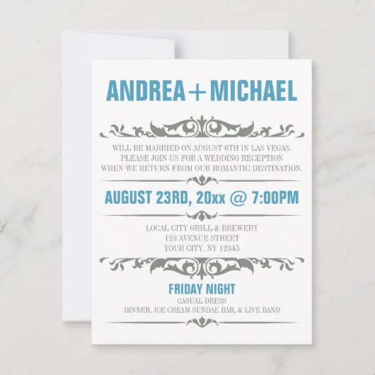 青灰色 結婚式の披露宴のみのご案内 招待状 (正面)