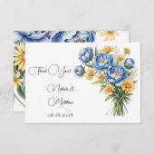 青牡丹と黄色のデイジー結婚ズ サンキューカード (正面/裏面)