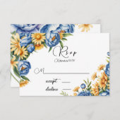 青牡丹と黄色のデイジー結婚ズ 出欠カード (正面/裏面)