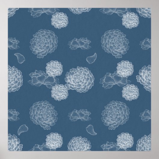 青牡丹シームレス花柄 ポスター (正面)