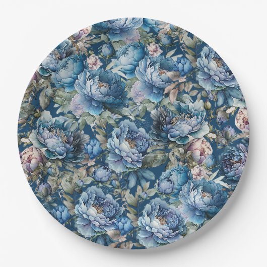 青牡丹花柄ヴィンテージ花園 ペーパープレート (正面)