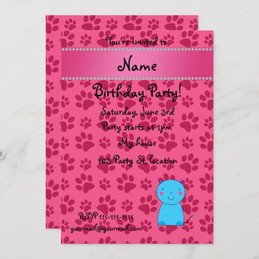 青猫のパーソナライズされたピンクの手に名前を付ける 招待状 (正面/裏面)