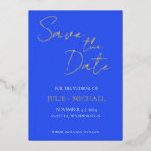 青王室のいシンプルスタイル結婚式の日付を保存 箔招待状 (正面)