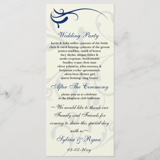 青王室のとアイボリーの結婚式 プログラムラックカード プログラム (裏面)