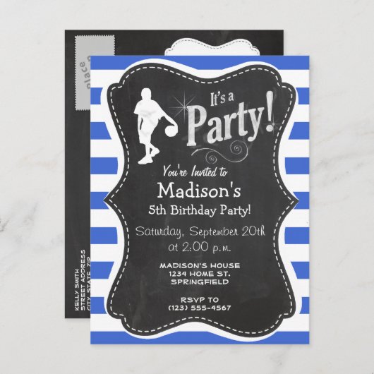 青王室のと白のストライプバスケットボール インビテーションポストカード (正面/裏面)