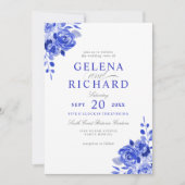 青王室のと白の水色の青のフローラ結婚 招待状 (正面)