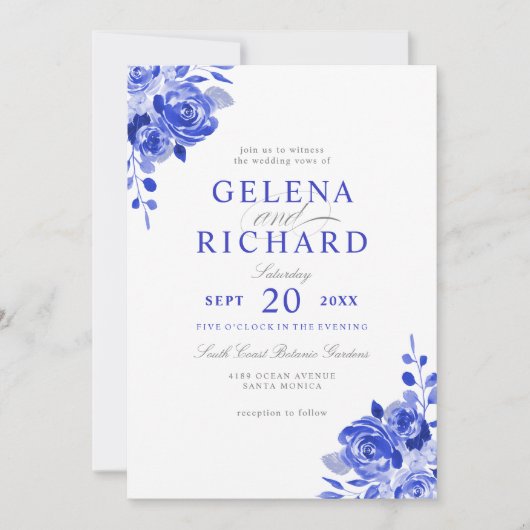 青王室のと白の水色の青のフローラ結婚 招待状 (正面)