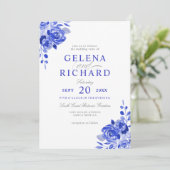 青王室のと白の水色の青のフローラ結婚 招待状 (スタンド正面)