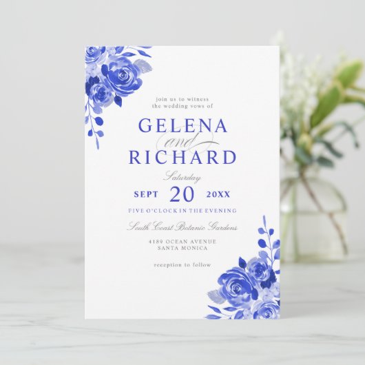 青王室のと白の水色の青のフローラ結婚 招待状 (スタンド正面)