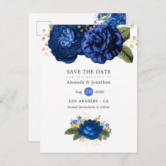 青王室のと金ゴールドのフローラ結婚式の日付を保存 案内ポストカード (正面/裏面)