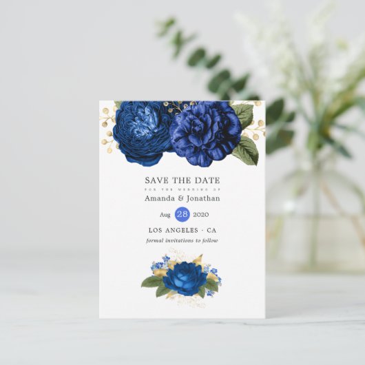 青王室のと金ゴールドのフローラ結婚式の日付を保存 案内ポストカード (スタンド正面)