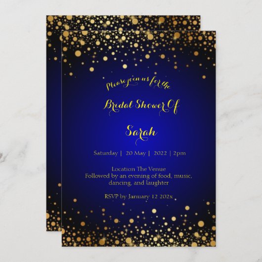 青王室のと金ゴールドのブライダルシャワー結婚式の招待 シーズンカード (正面/裏面)