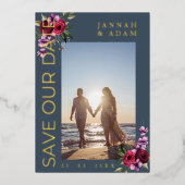 青王室のと金ゴールドの写真結婚の日付 箔招待状 (正面)