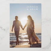 青王室のと金ゴールドの写真結婚の日付 箔招待状 (裏面)