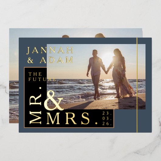 青王室のと金ゴールドの結婚写真のMr.And Mrs. 箔招待状 (正面/裏面)