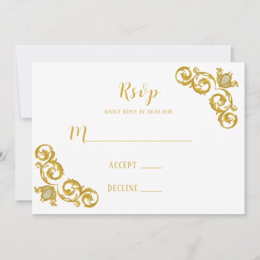 青王室のと金ゴールドの結婚式のRSVPカード 招待状 (正面)