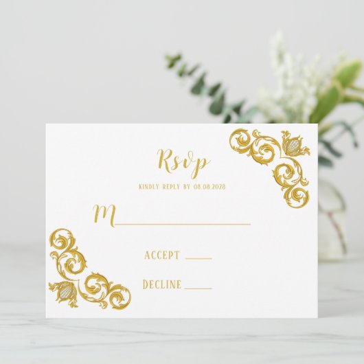青王室のと金ゴールドの結婚式のRSVPカード 招待状 (スタンド正面)