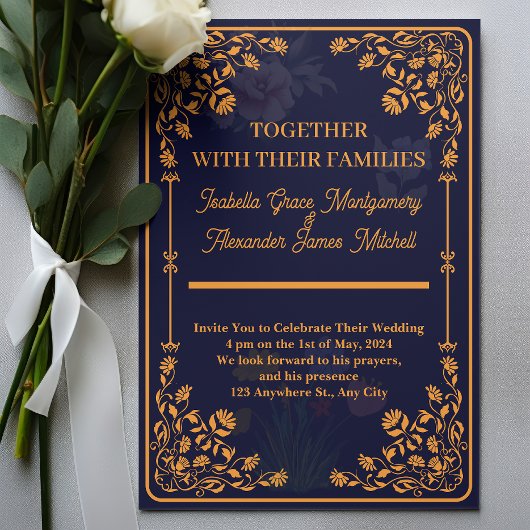 青王室のと金ゴールドの結婚式招待状 招待状