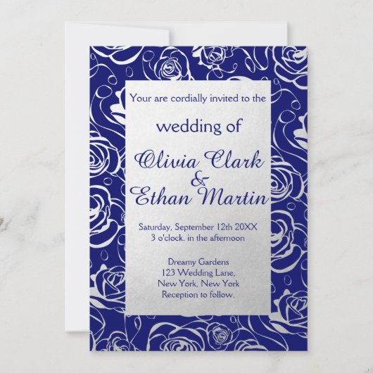 青王室のと銀の箔の花とバラ 招待状 (正面)