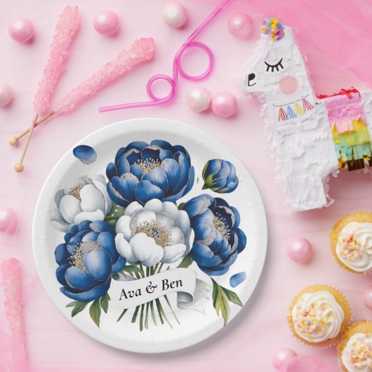 青王室のと銀の輝く牡丹結婚の ペーパープレート (パーティー)