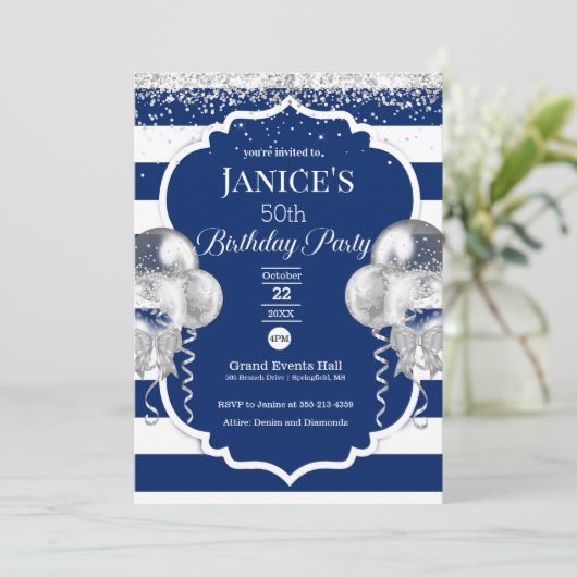 青王室のと銀の風船誕生日招待状 カード (スタンド正面)