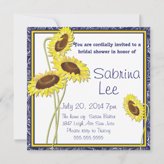 青王室のと黄色のひまわりブライダルシャワー 招待状 (裏面)