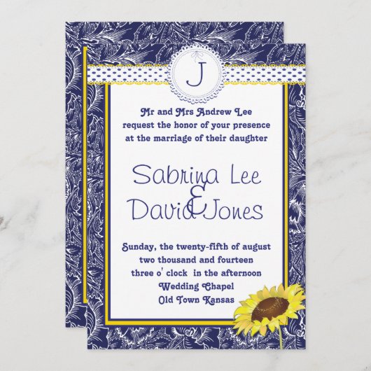 青王室のと黄色のひまわり結婚式招待状 招待状 (正面/裏面)