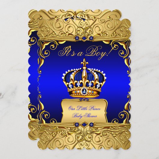 青王室のダマスク金ゴールドクラウン赤ちゃんシャワー少年Bs3 招待状 (正面/裏面)
