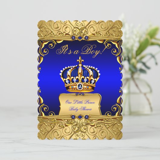 青王室のダマスク金ゴールドクラウン赤ちゃんシャワー少年Bs3 招待状 (スタンド正面)