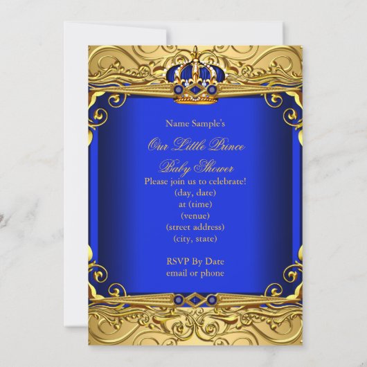 青王室のダマスク金ゴールドクラウン赤ちゃんシャワー男の子2 招待状 (裏面)