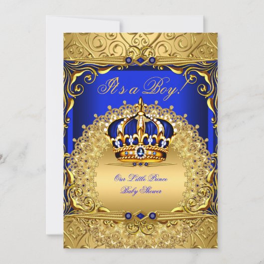 青王室のダマスク金ゴールドクラウン赤ちゃんシャワー男の子Bs6 招待状 (正面)