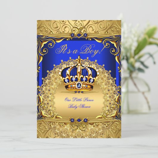 青王室のダマスク金ゴールドクラウン赤ちゃんシャワー男の子Bs6 招待状 (スタンド正面)