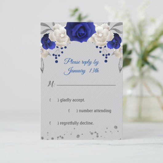 青王室のバラ白い花グレーrsvpカード 出欠カード (スタンド正面)