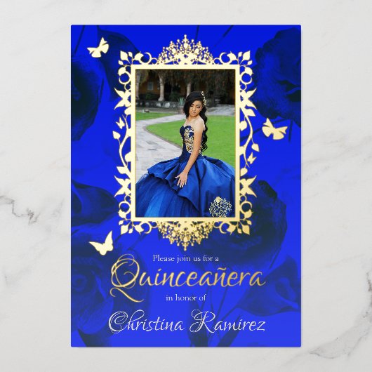 青王室のバラ、金ゴールド蝶フレームキンセアニェラ 箔招待状 (正面)