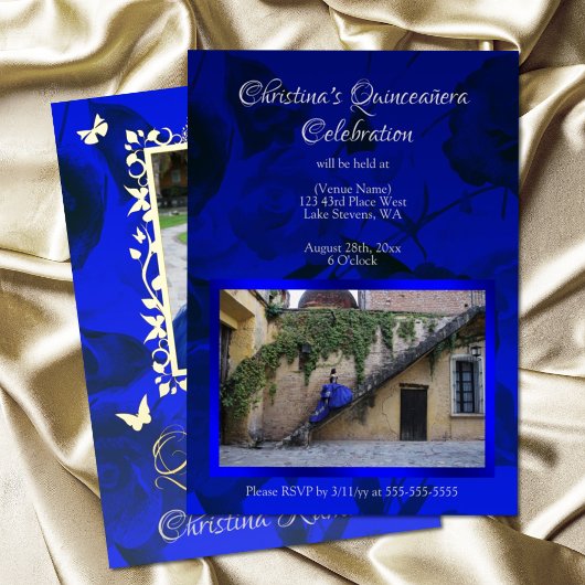 青王室のバラ、金ゴールド蝶フレームキンセアニェラ 箔招待状