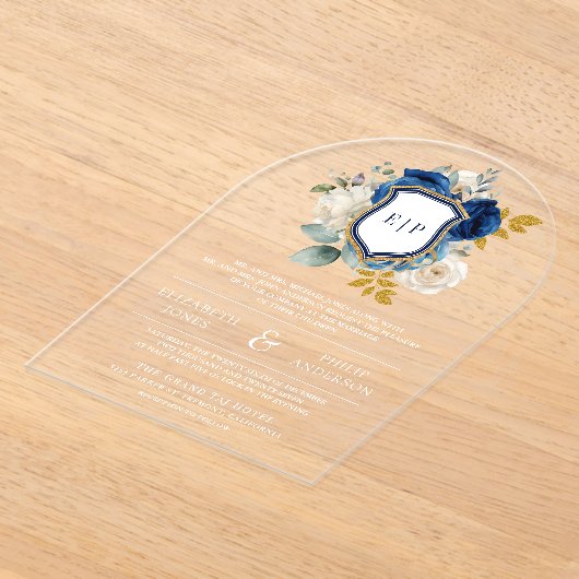 青王室のフローラクレストモノグラム結婚ズ アクリル招待状 (レイダウン)